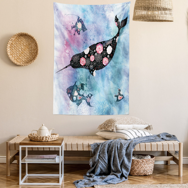 Floral Whale and Fish Tapestry