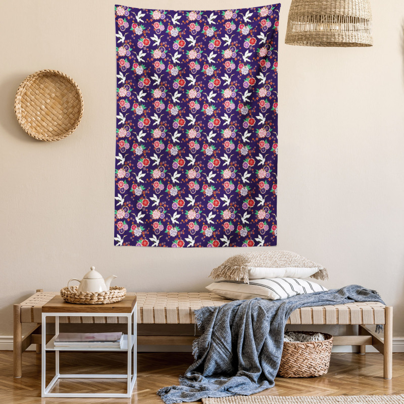 Flying Crane and Flowers Tapestry