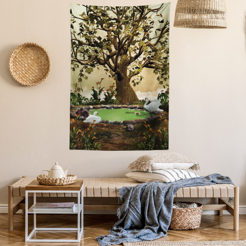 Forest Tree Pond and Swans Tapestry