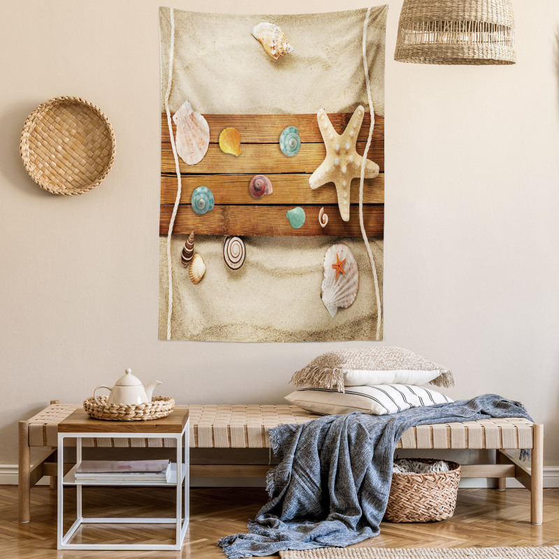 Rustic Board Seashells Tapestry