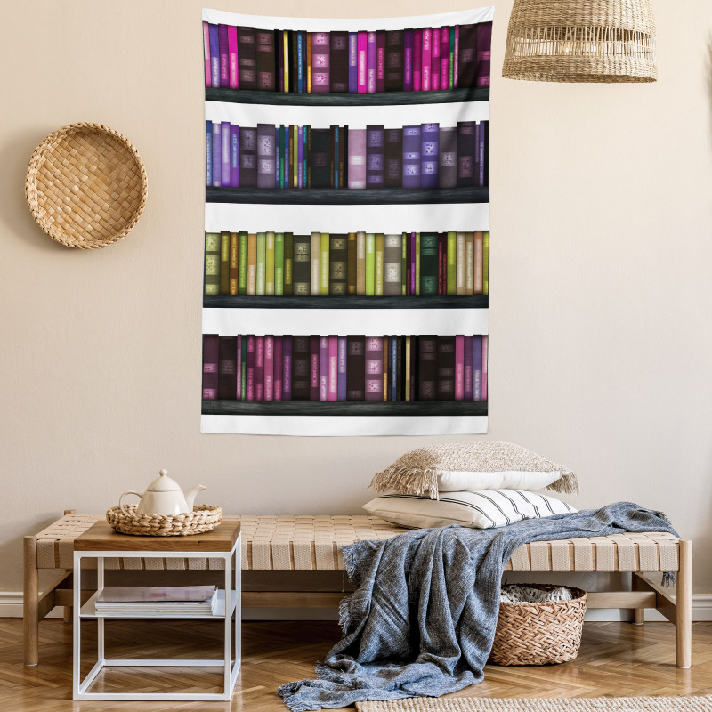 Colorful Books on Shelves Tapestry