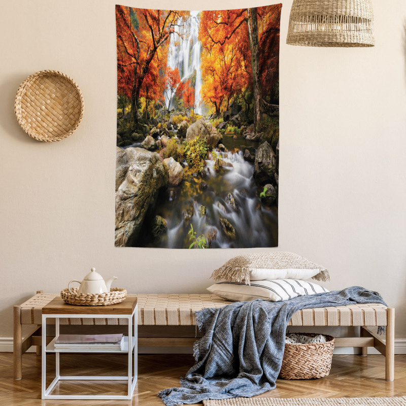 Autumn River Stream on Rocks Tapestry