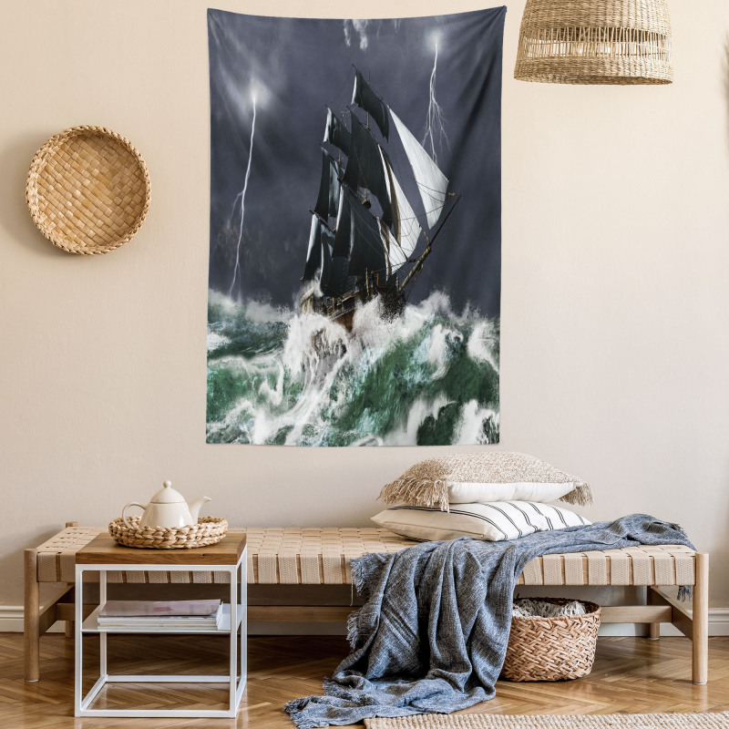 Storm Ship on Wavy Ocean Tapestry