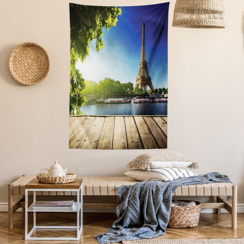 Eiffel Tower Wood Pier Seine Tapestry