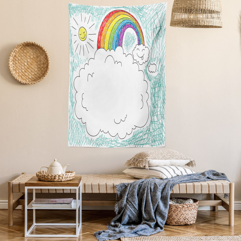 Childish Drawn Rainbow Sun Tapestry