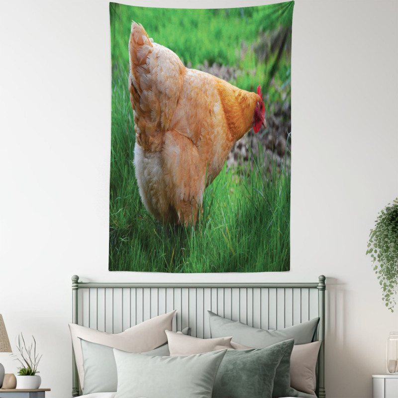 Chicken on Grass Farm Photo Tapestry