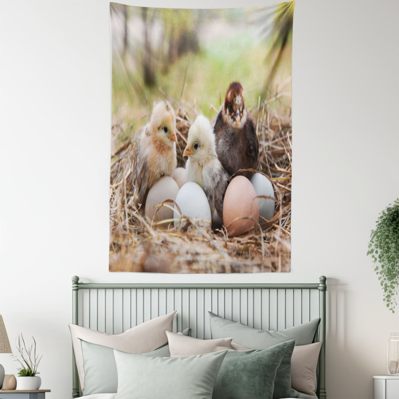 Little Chickens in Hay Eggs Tapestry