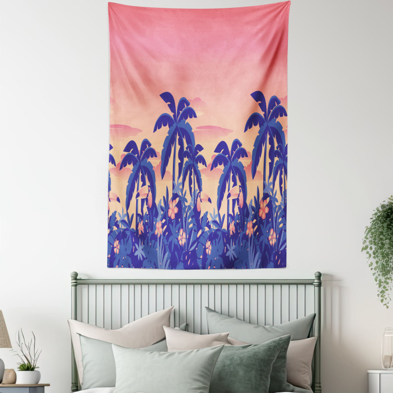 Palm Tree Toucan Sunset Art Tapestry