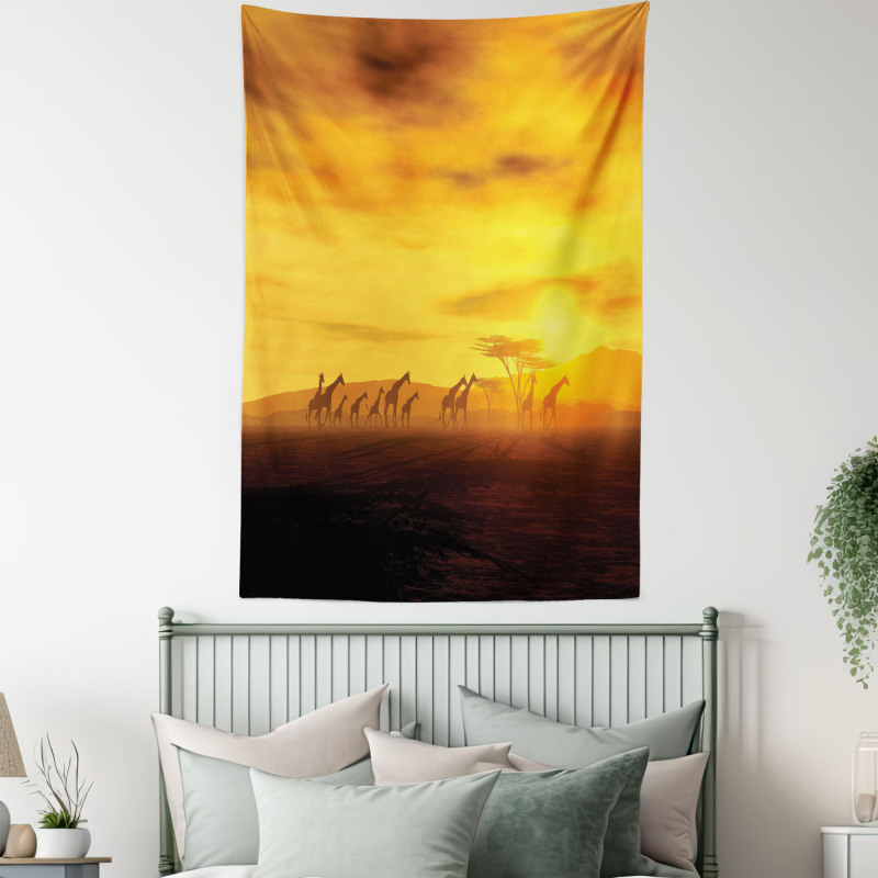 Dramatic Sunset Giraffes Tapestry