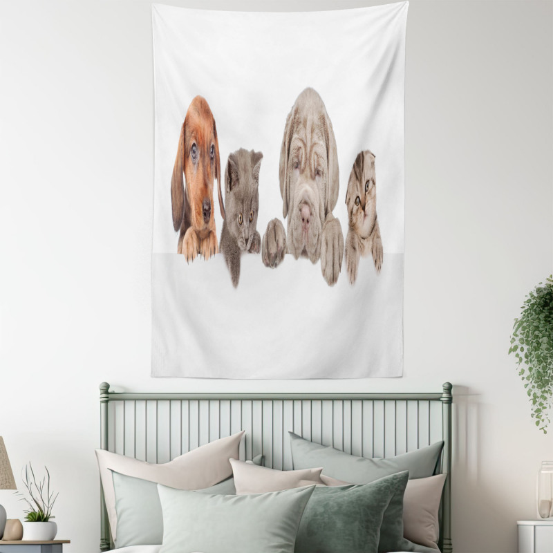 Pets Peeking over Wall Tapestry