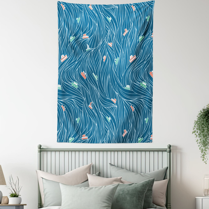 Waves and Ships Cartoon Tapestry