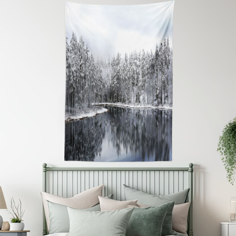 Trees in Cold Day Lake Tapestry