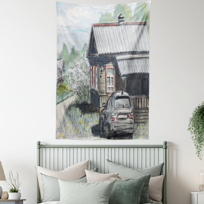 Parked Car Village House Tapestry