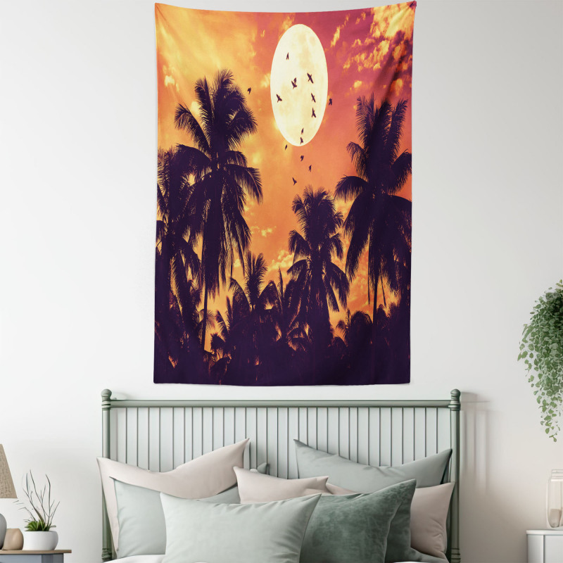 Palms Full Moon Birds Tapestry