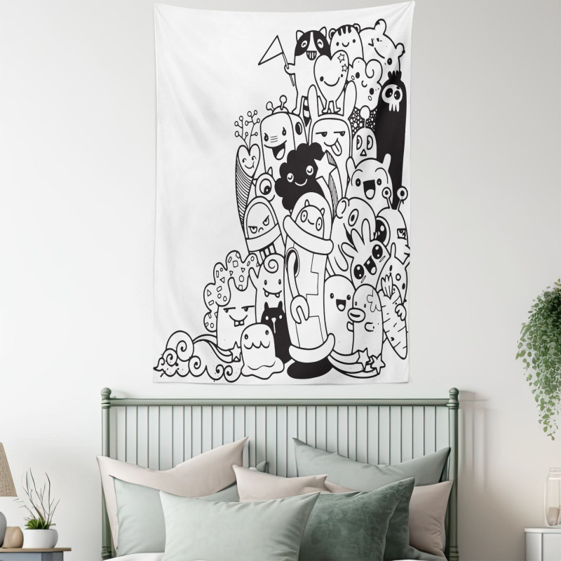 Monotone Monster Characters Tapestry