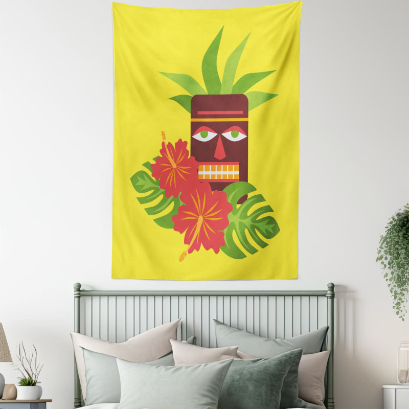 Tiki Mask and Exotic Hibiscus Tapestry