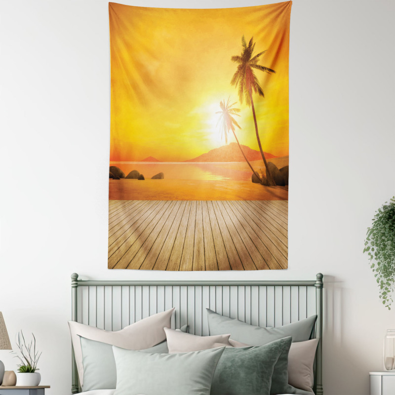 Wooden Deck Sunset Tapestry