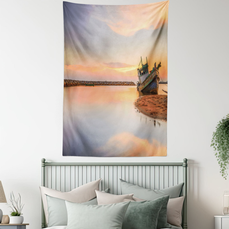 Boat on Beach Dusk Tapestry