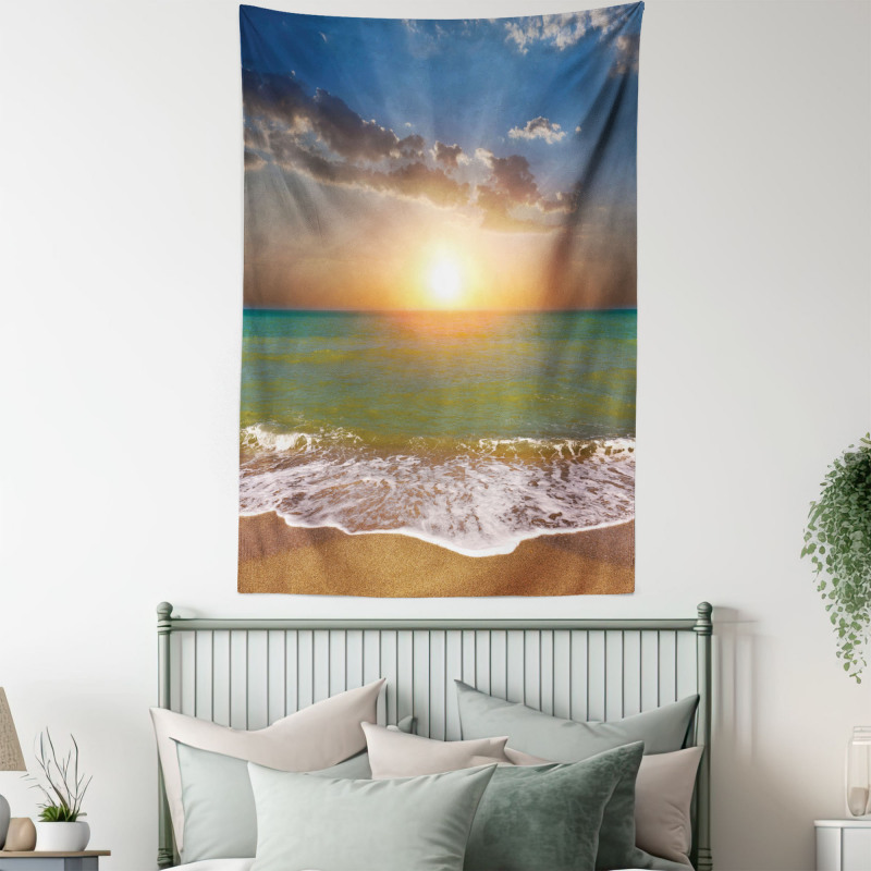 Sandy Beach Waves Sunset Tapestry