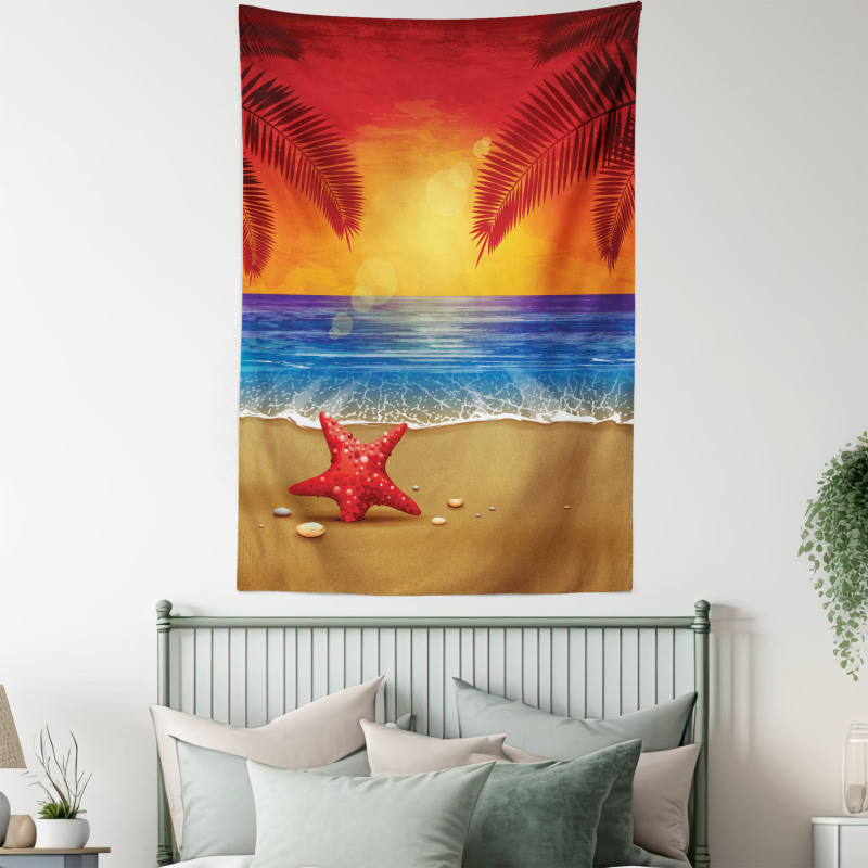 Cartoon Ocean Beach Palm Tapestry