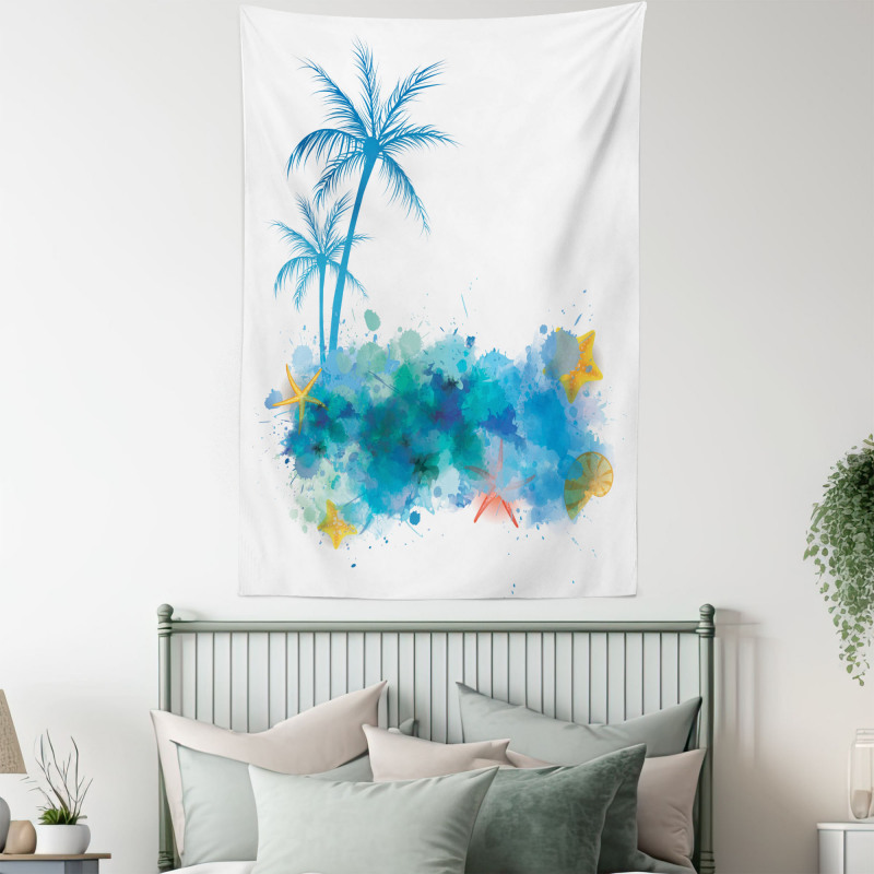 Seashells Blue Palm Art Tapestry