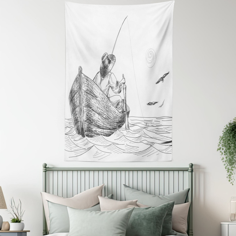 Fisherman on Boat Sketch Tapestry