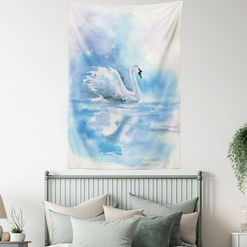 Swan in Hazy River Art Tapestry