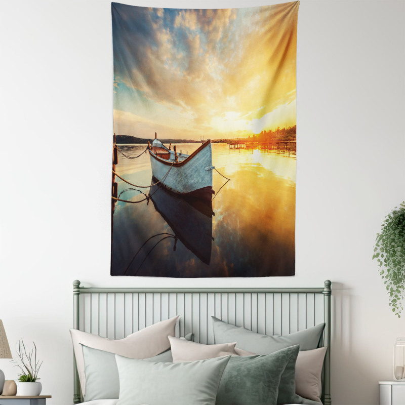 Sunset at Harbor Boat Tapestry