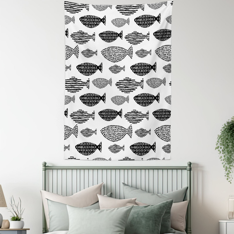 Sea Animals Black White Tapestry