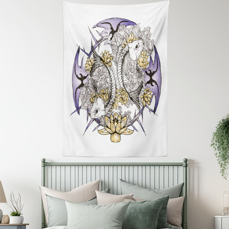 Fish Skeleton Lotus Art Tapestry