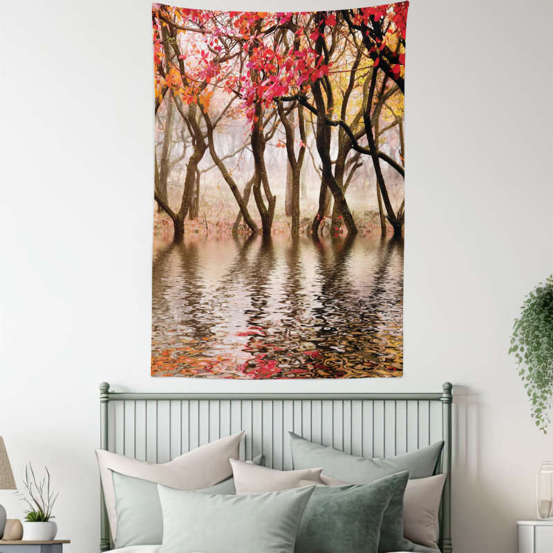 Fall Season River with Trees Tapestry