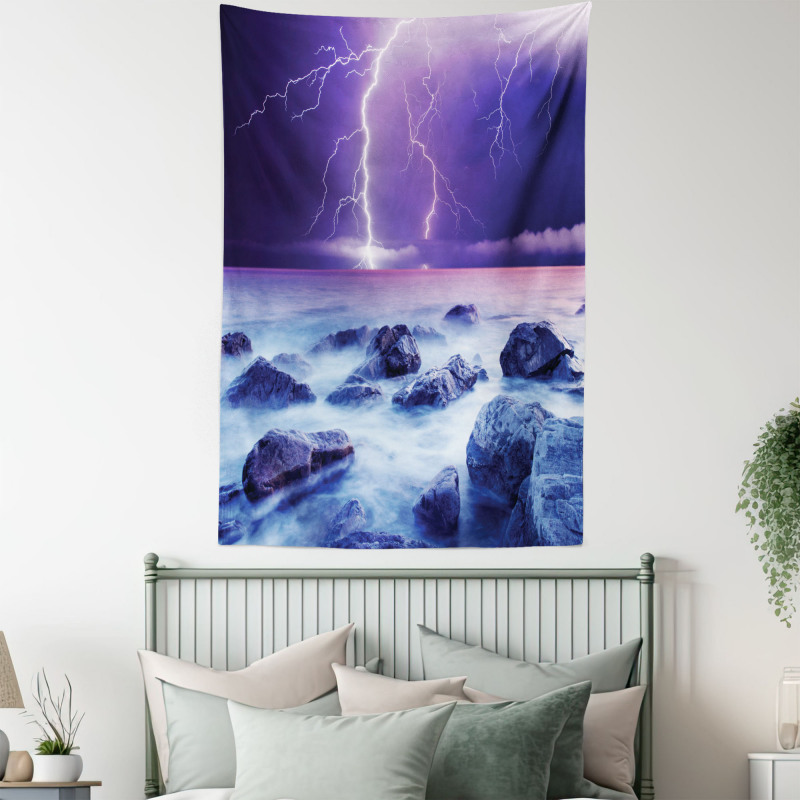 Stormy Sky Ocean Rocks Night Tapestry