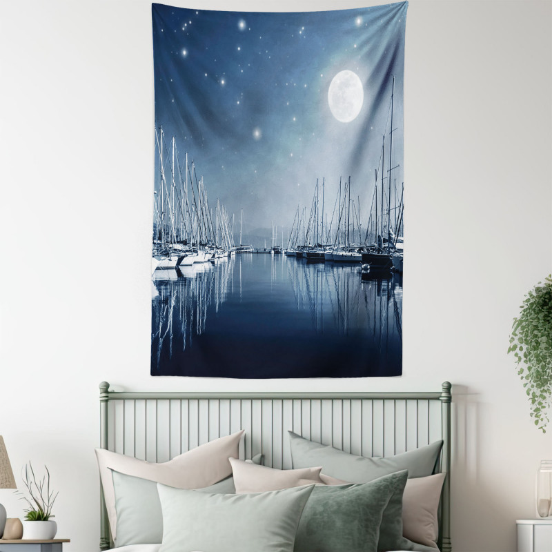 Calm Marina at Night Moon Tapestry