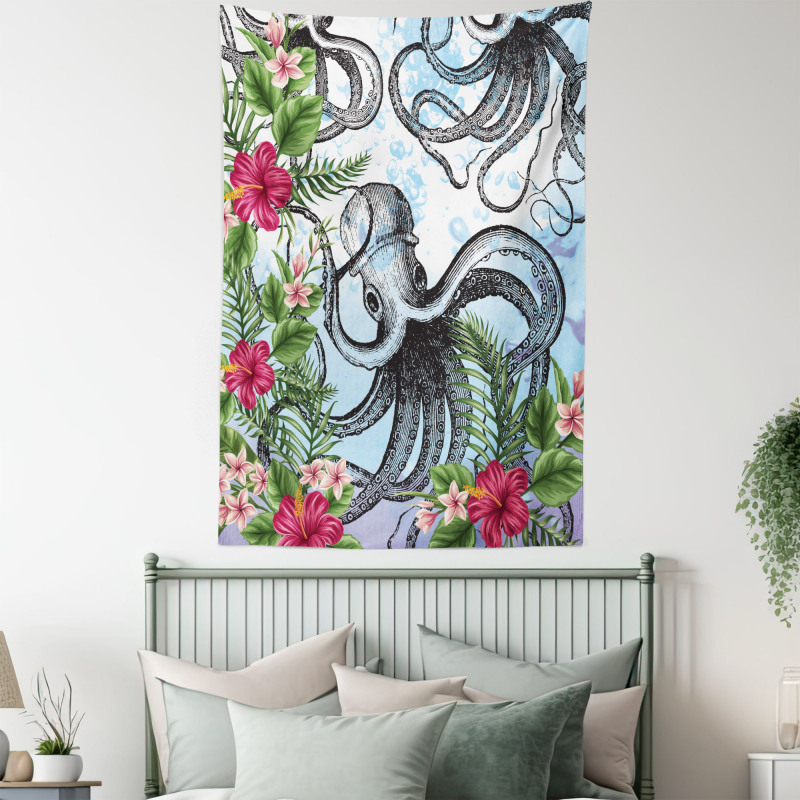 Tropic Hibiscus and Octopus Tapestry