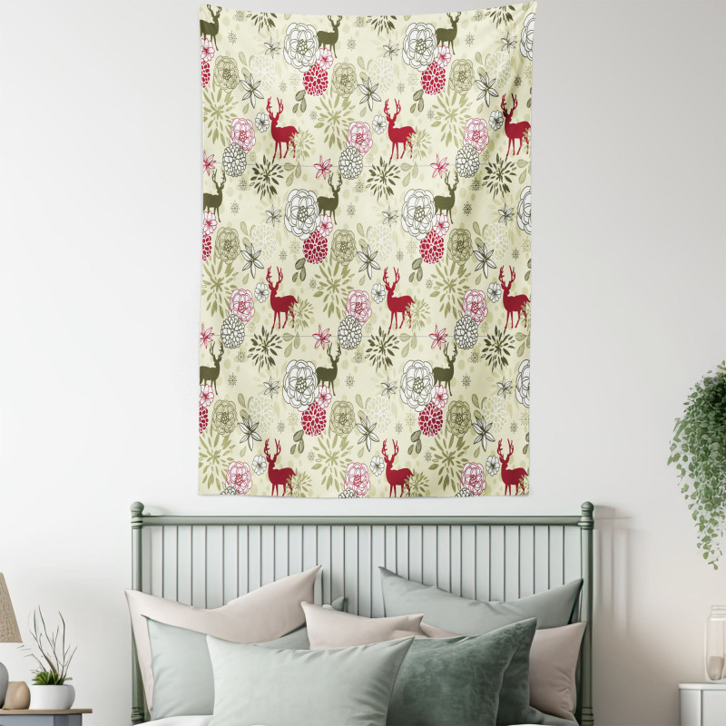 Deer Flowers Christmas Tapestry