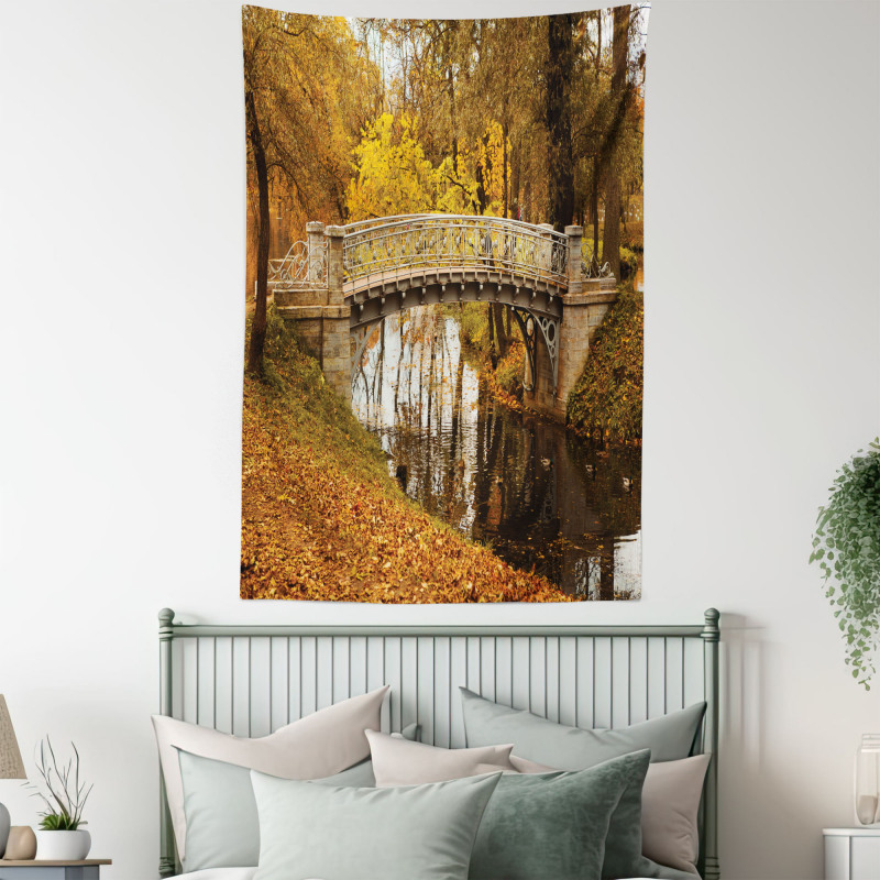Old Bridge in Fall Forest Tapestry