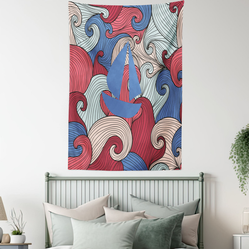 Blue Boat Silhouette Tapestry