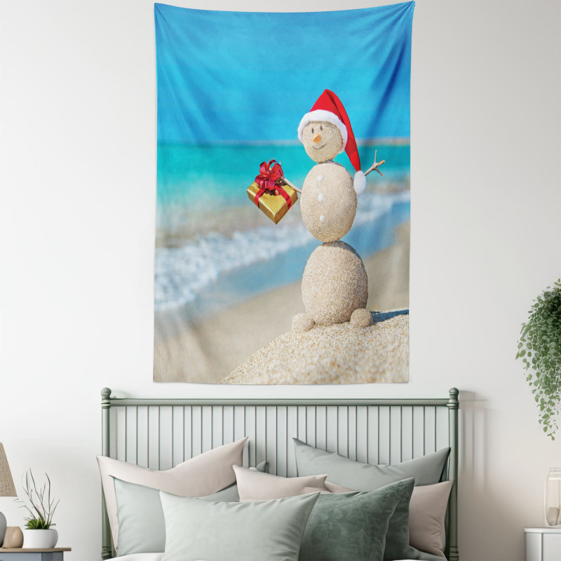 Sand Snowman Santa Hat Tapestry