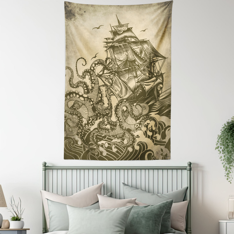 Retro Ship Octopus Theme Tapestry