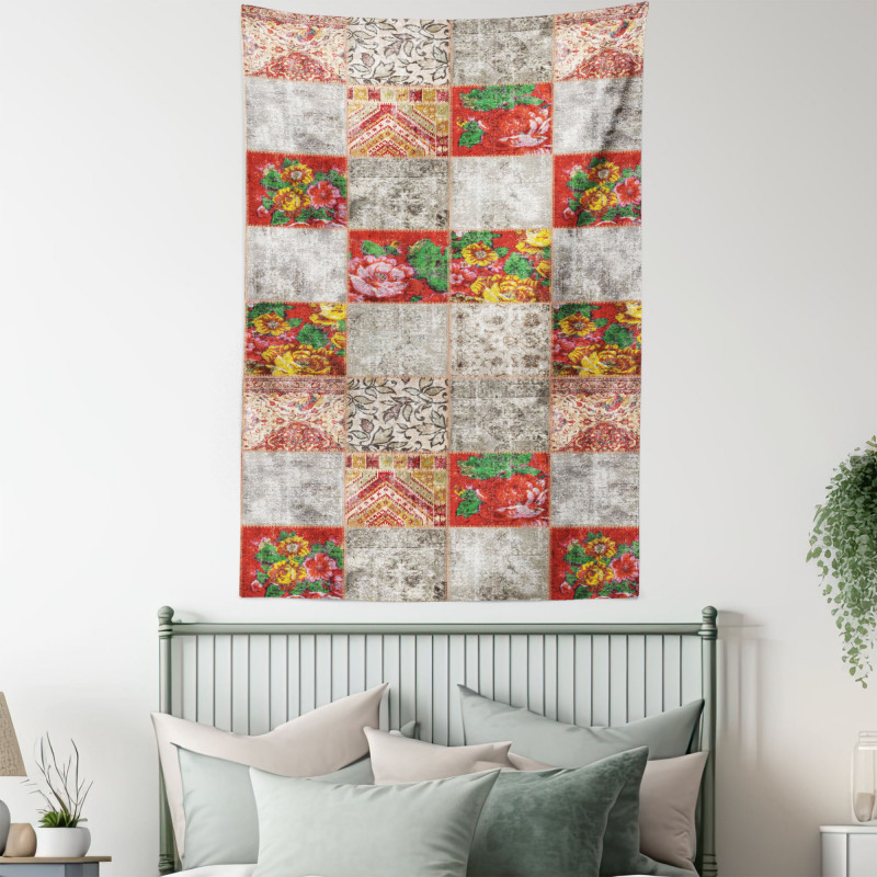 Folkloric Grunge Flowers Tapestry