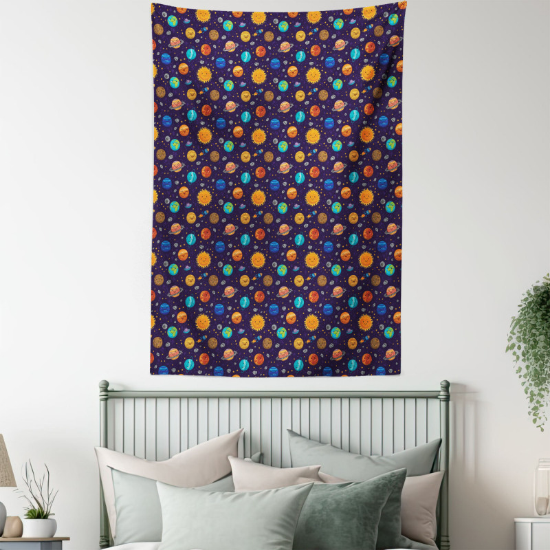 Cheerful Planets and Rockets Tapestry