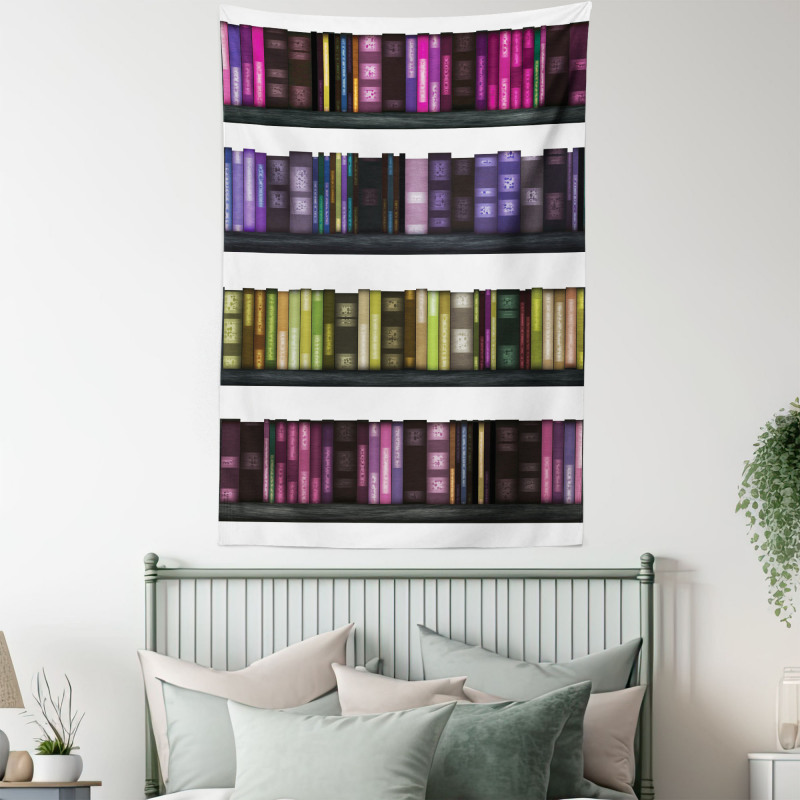 Colorful Books on Shelves Tapestry