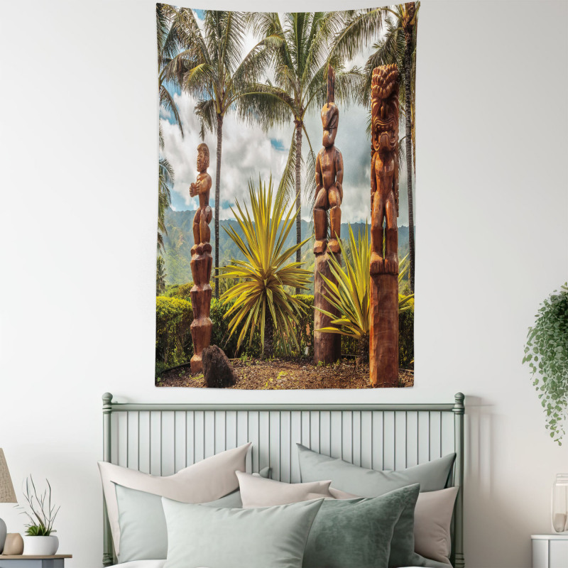 Tiki Masks and Palm Trees Tapestry