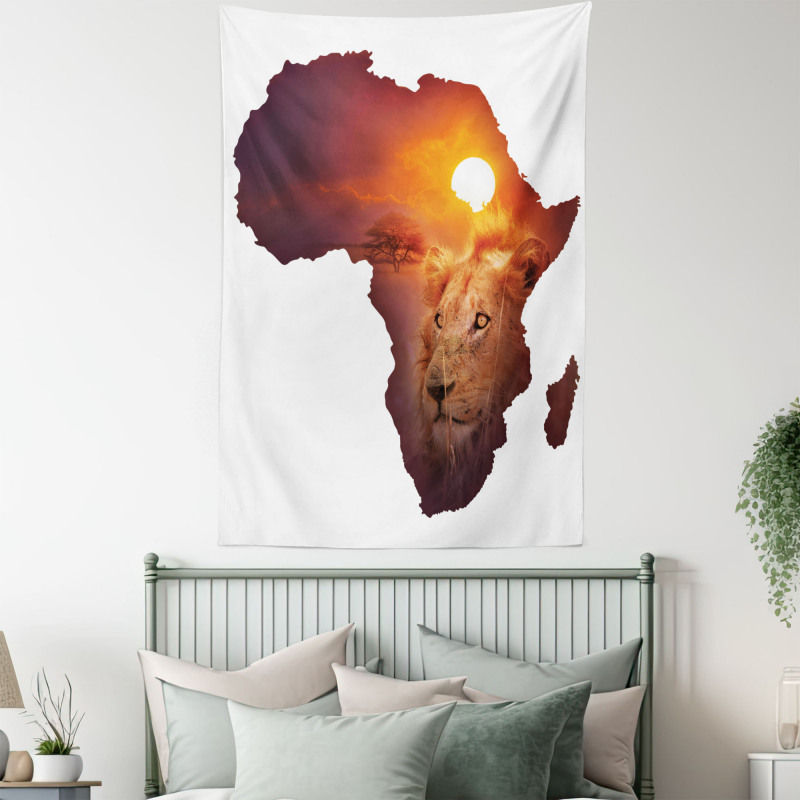Lion and African Map Sunset Tapestry