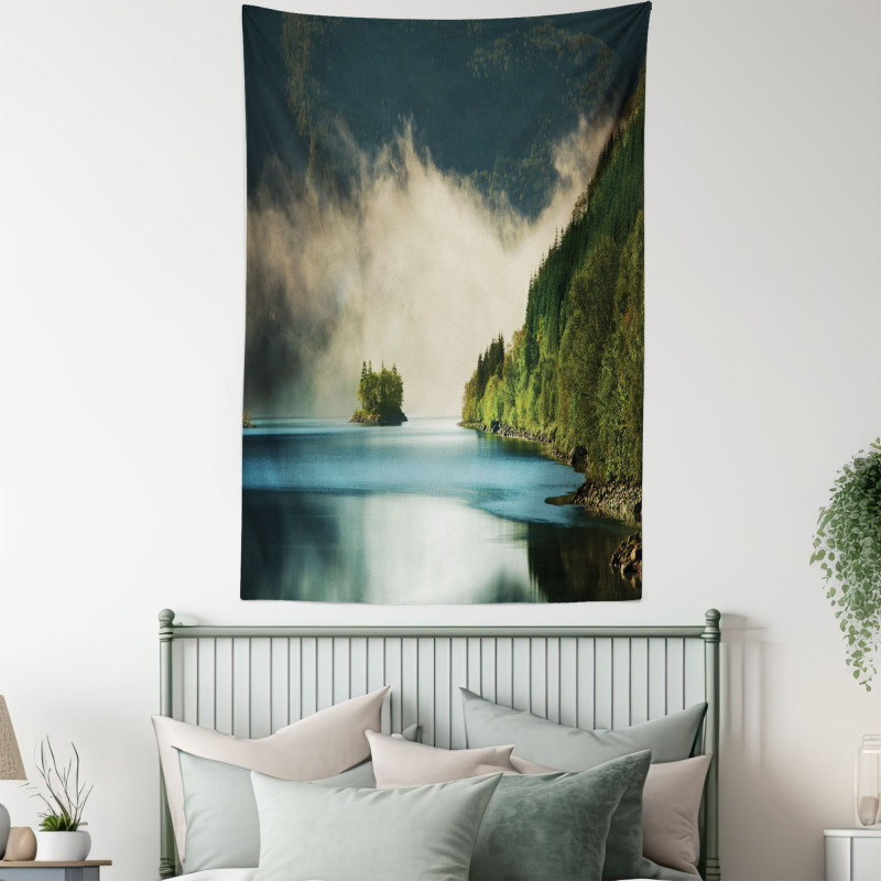 Foggy Mountain Reflection View Tapestry