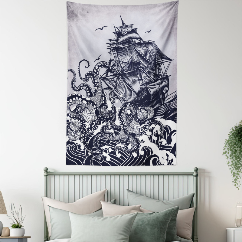 Octopus and Ship in Storm Tapestry