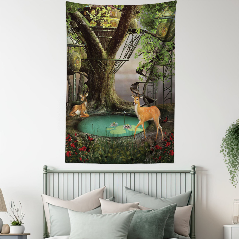 Abstract Deer and Tree House Tapestry