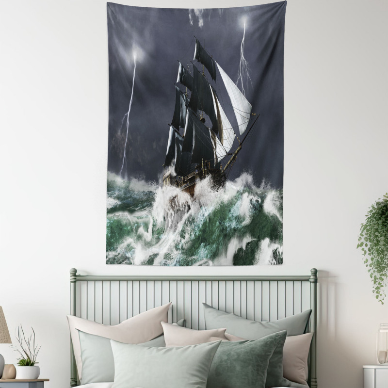 Storm Ship on Wavy Ocean Tapestry