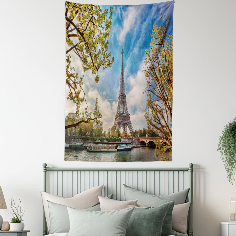 Paris Cloudy Sky Eiffel Tower Tapestry