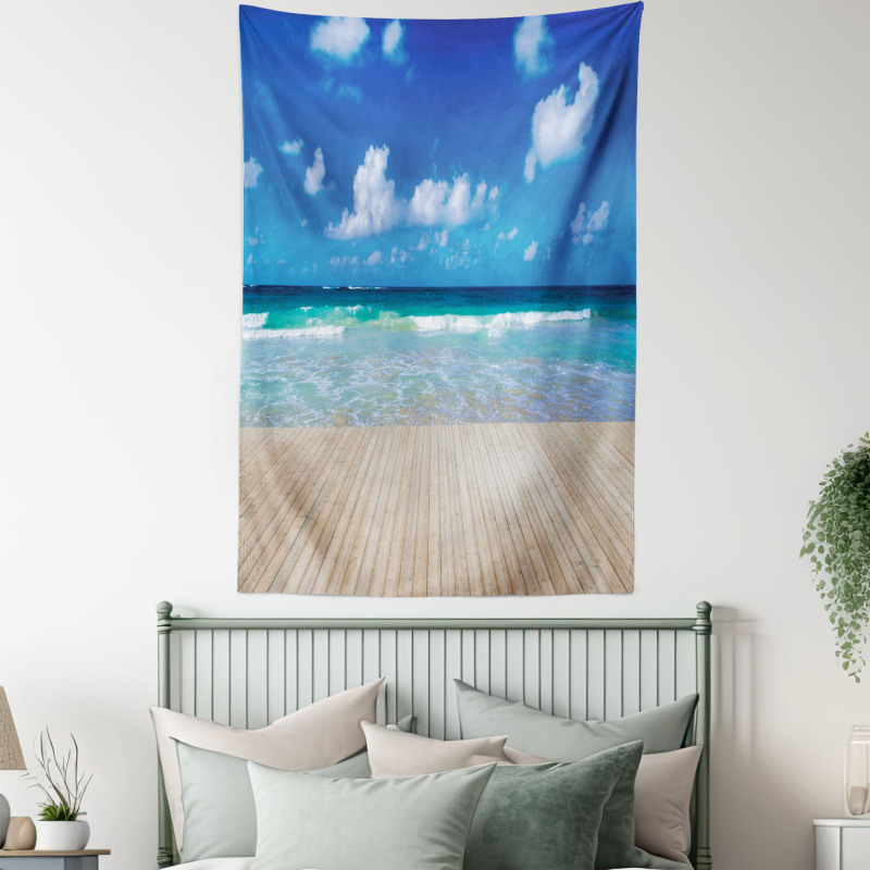 Waves on Wooden Pier Shore Tapestry